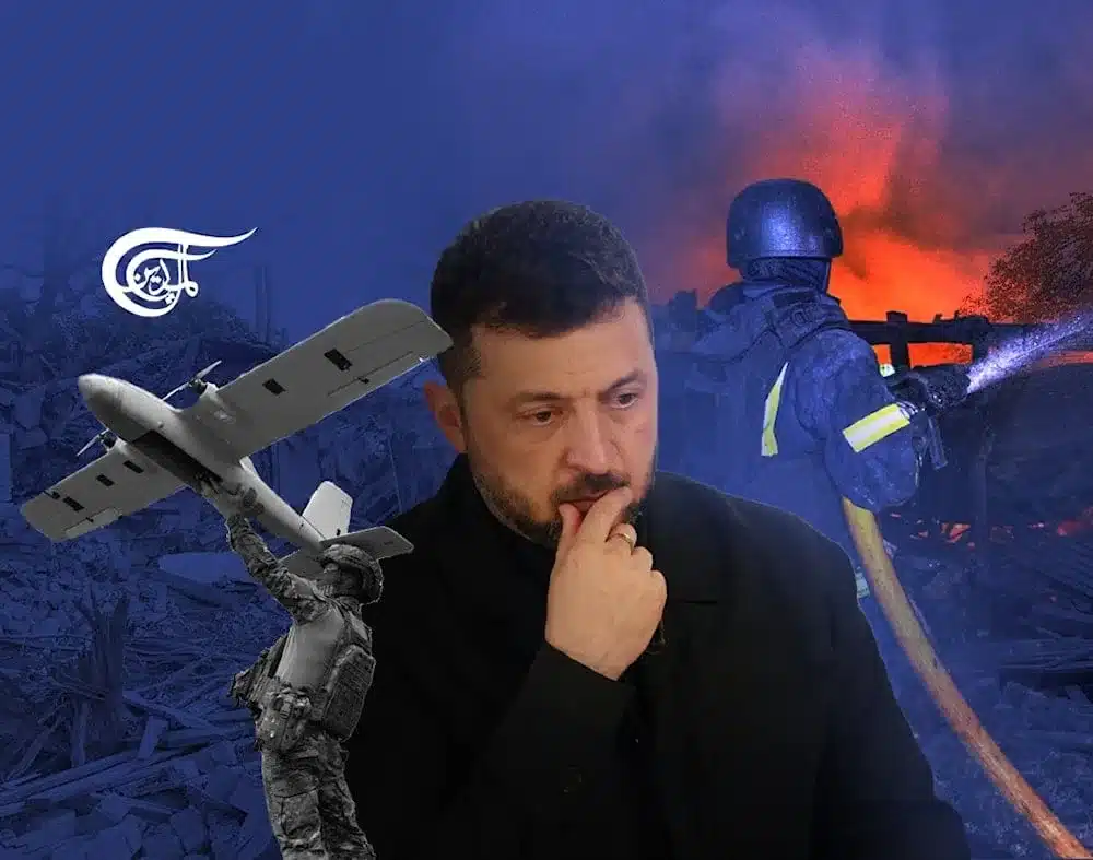 Ukrainian President Volodymyr Zelensky in the backdrop of war scenes. Illustration: Mahdi Rteil/Al-Mayadeen English.