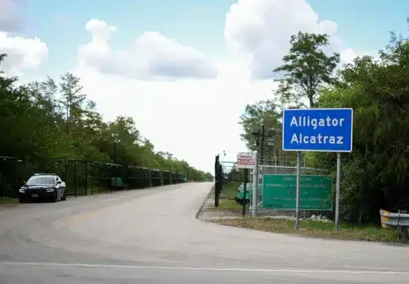 The entrance to the state-managed immigration detention center dubbed Alligator Alcatraz, located at the Dade-Collier Training and Transition Airport in the Florida Everglades on August 03, 2025 in Ochopee, Florida. Photo: Joe Raedle/Getty Images.