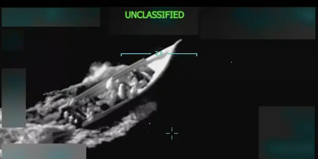 A screenshot from the video US President Donald Trump posted to Truth Social on September 2, 2025, showing a US military strike on a boat in the Caribbean Sea. Screenshot: @realDonaldTrump/Truth Social.