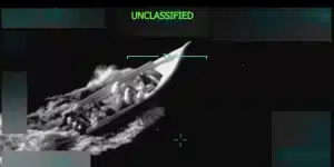 A screenshot from the video US President Donald Trump posted to Truth Social on September 2, 2025, showing a US military strike on a boat in the Caribbean Sea. Screenshot: @realDonaldTrump/Truth Social.