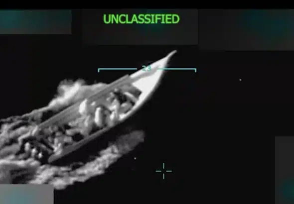 A screenshot from the video US President Donald Trump posted to Truth Social on September 2, 2025, showing a US military strike on a boat in the Caribbean Sea. Screenshot: @realDonaldTrump/Truth Social.