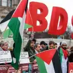 Movement Supporters of the Boycott, Divestment, Sanctions (BDS) movement protesting in front of the German Reichstag (parliament), Berlin, May 17, 2019. File photo.