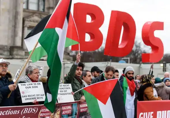 Movement Supporters of the Boycott, Divestment, Sanctions (BDS) movement protesting in front of the German Reichstag (parliament), Berlin, May 17, 2019. File photo.