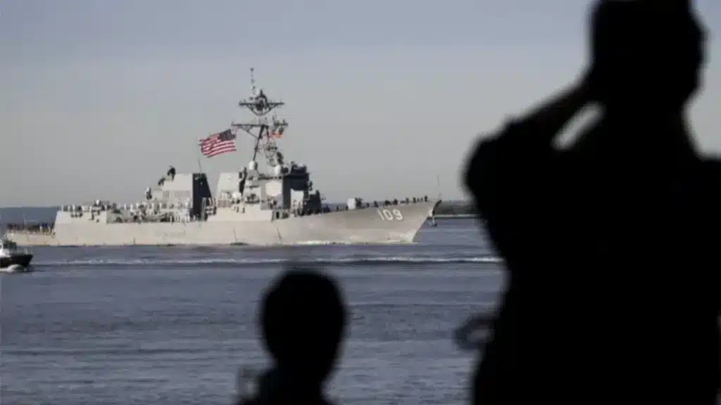 People watch the USS Jason Dunham in 2019. Photo: Drew Angerer/Getty Images/file photo.