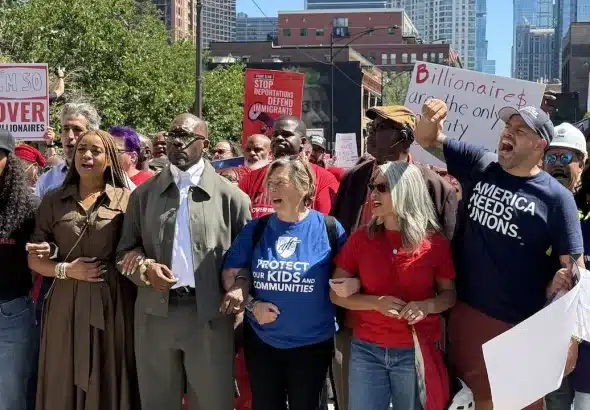 Teacher's union leaders including AFT President Randi Weingarten and Chicago Teachers Union President Stacy Davis Gates march in Chicago on Labor Day. Photo: @rweingarten/X.