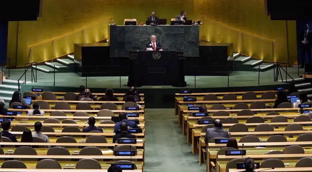 Delegations walk out as Netanyahu takes stage at the United Nations General Assembly at UN headquarters in New York City on September 26, 2025. Photo: AFP.