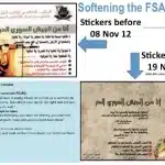 Image of Syrian rebel recruitment stickers showcasing the public relations branding skills of UK government contractor ARK for armed rebels. Source: hamptonthink.org.