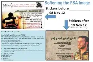 Image of Syrian rebel recruitment stickers showcasing the public relations branding skills of UK government contractor ARK for armed rebels. Source: hamptonthink.org.