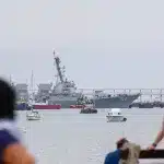 USS Sampson, a Navy missile destroyer, docks in Panama City, Panama, on September 2, 2025. Photo: Daniel Gonzalez/Anadolu/Getty Images.