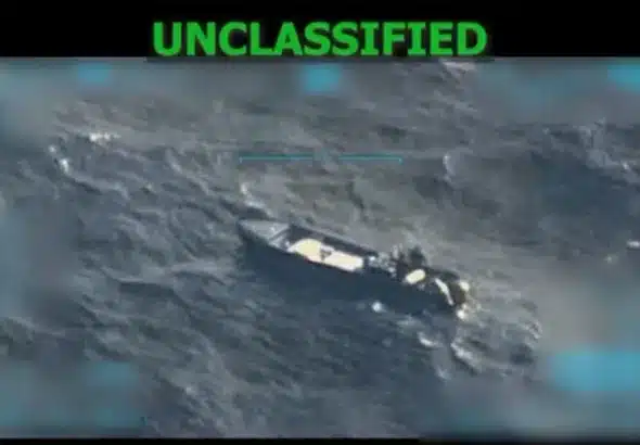 Screenshot of a video released by the US War Secretary showing the assassination of three Venezuelans on a small boat allegedly carrying drugs. Photo: Screenshot/X/@DOWresponse.