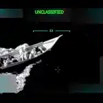 Screenshot of video footage released by the US empire's department of defense, showing a strike against a small boat allegedly carrying drugs. Photo: CNN.