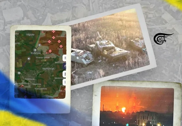 Compilation of images showing the Donbass (Left), destroyed Ukrainian tanks (Center) and a large explosion at night (Right). Photo: Al Mayadeen.