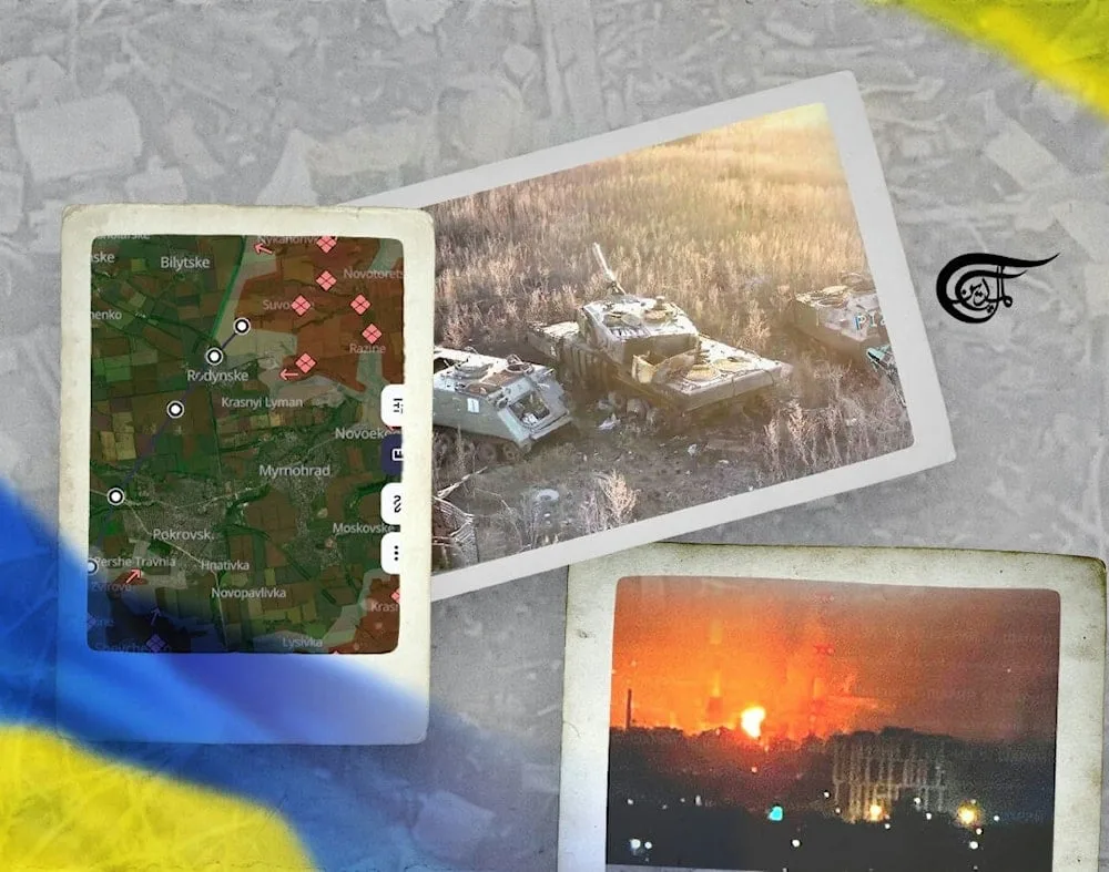 Compilation of images showing the Donbass (Left), destroyed Ukrainian tanks (Center) and a large explosion at night (Right). Photo: Al Mayadeen.
