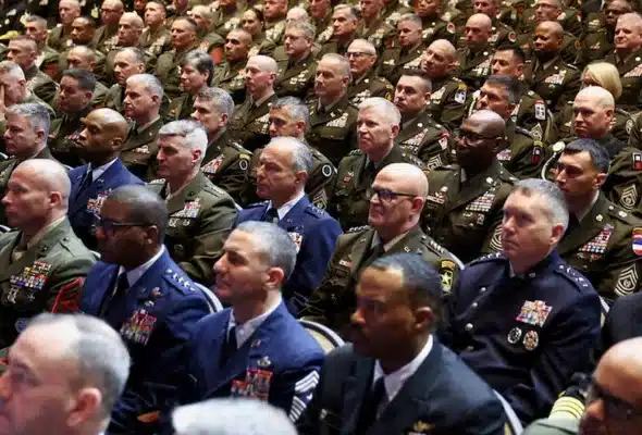 Members of the military attend a meeting convened by U.S. Defense Secretary Pete Hegseth in Quantico, Virginia. Photo: Kevin Lamarque/Reuters.