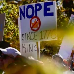Mainers critical of the policies of the Trump administration rallied in Portland's Deering Oaks Park for a national day of No Kings protests on Oct. 18, 2025. Photo: Jim Neuger/Maine Morning Star.