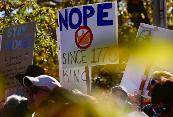 Mainers critical of the policies of the Trump administration rallied in Portland's Deering Oaks Park for a national day of No Kings protests on Oct. 18, 2025. Photo: Jim Neuger/Maine Morning Star.