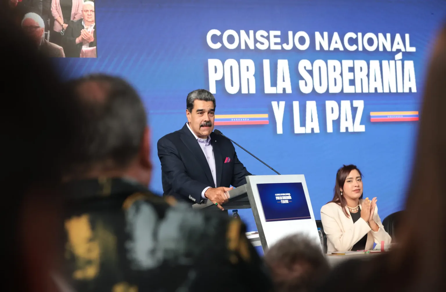 Venezuelan President Nicolás Maduro addresses those participating in the National Unity Council meeting held in Caracas on Wednesday, October 15, 2025. Photo: Venezuela's Presidential Press.