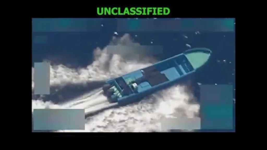 Screenshot of a CBS video showing an aerial view of a small boat destroyed in the eighth strike by the US empire on so-called drug boats since September 2. Photo: CBS.