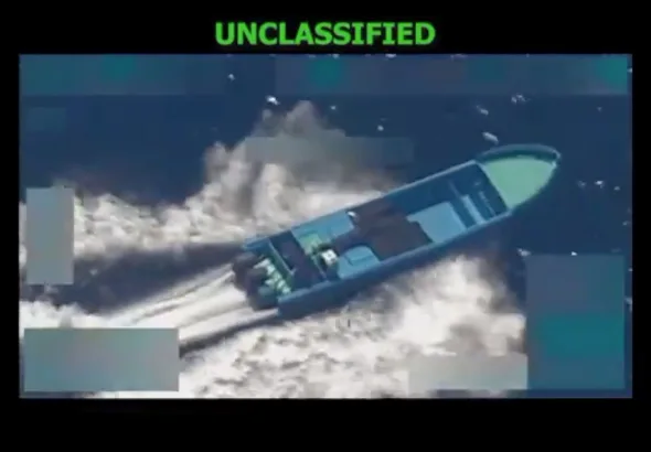 Screenshot of a CBS video showing an aerial view of a small boat destroyed in the eighth strike by the US empire on so-called drug boats since September 2. Photo: CBS.