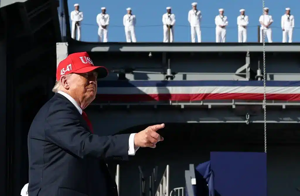 Donald Trump points a finger during a Navy 250 Celebration in Norfolk, Virginia, on Sunday, October 5, 2025. Photo: Jonathan Ernst/Reuters.