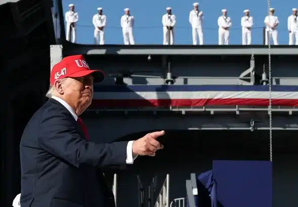 Donald Trump points a finger during a Navy 250 Celebration in Norfolk, Virginia, on Sunday, October 5, 2025. Photo: Jonathan Ernst/Reuters.