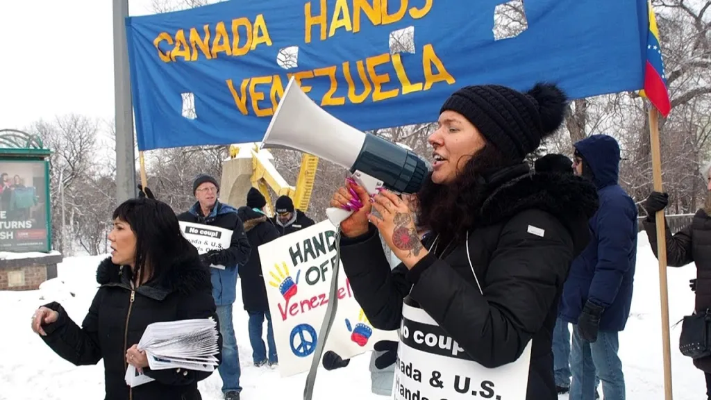 Canadians protest in Winnipeg against the Canadian interventionism in Venezuela, February 2019. Photo: YouTube/@PaulSGraham.
