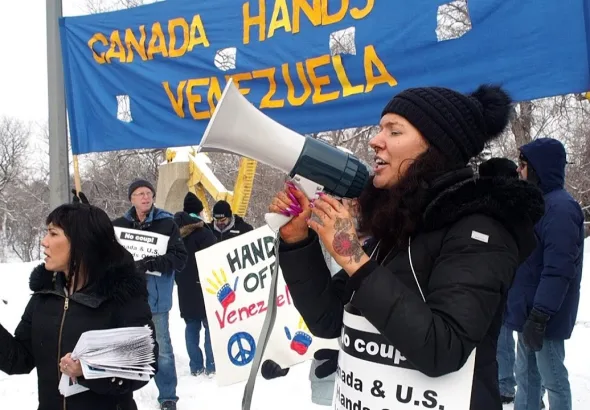 Canadians protest in Winnipeg against the Canadian interventionism in Venezuela, February 2019. Photo: YouTube/@PaulSGraham.