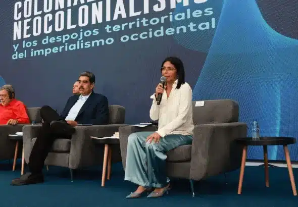 Venezuelan Vice President Delcy Rodríguez speaking at the closing of the International Conference on Colonialism, Neocolonialism, and the Territorial Dispossession of Western Imperialism. Photo: Presidential Press.