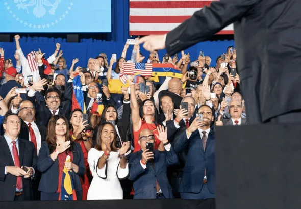 Donald Trump delivers remarks to the Venezuelan American community at the Florida International University Ocean Bank Convocation Center on February 18, 2019, in Miami, Florida. Photo: Executive Office of the President of the United States/Wikimedia Commons.