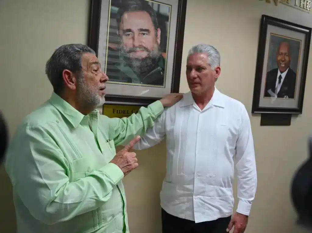 Ralph Gonsalves, the Prime Minister of Saint Vincent and the Grenadines, is pictured speaking with Miguel Díaz-Canel, the President of Cuba. The image was taken during a state visit by the Cuban president to Saint Vincent and the Grenadines in December 2022. Photo: X/@ComradeRalph.