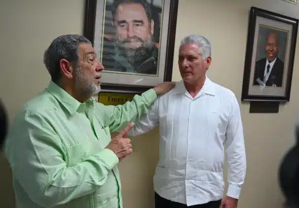 Ralph Gonsalves, the Prime Minister of Saint Vincent and the Grenadines, is pictured speaking with Miguel Díaz-Canel, the President of Cuba. The image was taken during a state visit by the Cuban president to Saint Vincent and the Grenadines in December 2022. Photo: X/@ComradeRalph.