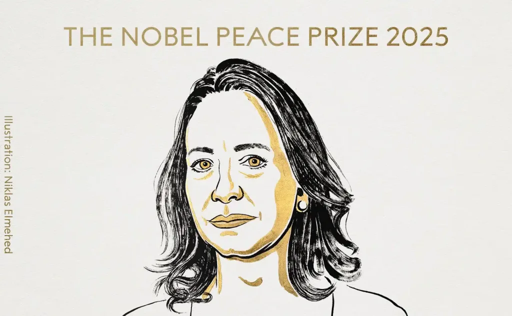 Nobel Peace Prize Committee poster portraying MarĂa Corina Machado as the 2025 award winner. Photo: Norway Peace Prize Committee.