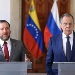 Venezuelan Foreign Minister Yvan Gil with his Russian counterpart Sergey Lavtov during a press conference at Miraflores Palace, Caracas, on April 2023. Photo: Jesus Vargas/AP/file photo.