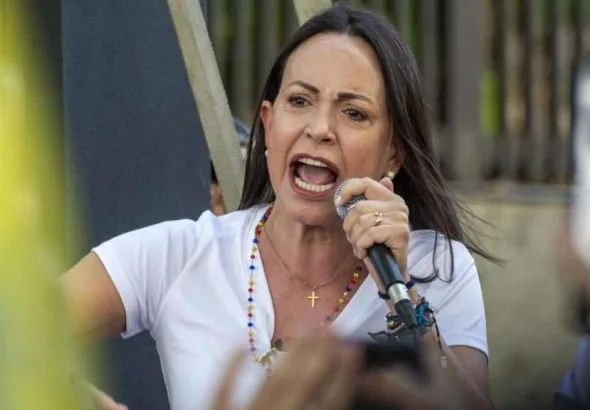 Venezuelan far-right politician María Corina Machado speaks at an event. Photo: File photo.