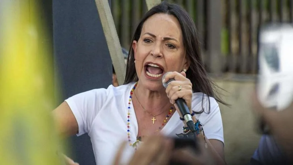 Venezuelan far-right politician MarĂa Corina Machado speaks at an event. Photo: File photo.