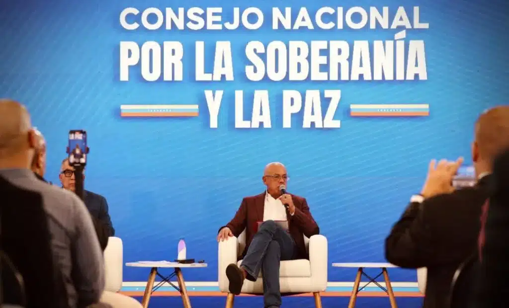 Venezuelan National Assembly President Jorge RodrĂguez speaks at the inaugural event of the Sovereignty and Peace Council for international communities residing in Venezuela, October 8, 2025. Photo: Telegram/Jorge RodrĂguez.