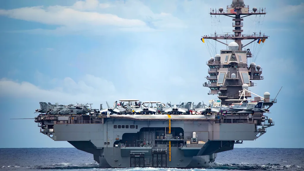 A view of the aircraft carrier USS Gerald R. Ford from aboard the Ticonderoga-class guided-missile cruiser USS Normandy as it participates in a Tactical Force Exercise as part of the Gerald R. Ford Carrier Strike Group, Oct. 13, 2022. Photo: MCS 2nd Class Malachi Lakey/US Navy/File photo.