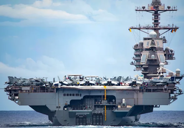 A view of the aircraft carrier USS Gerald R. Ford from aboard the Ticonderoga-class guided-missile cruiser USS Normandy as it participates in a Tactical Force Exercise as part of the Gerald R. Ford Carrier Strike Group, Oct. 13, 2022. Photo: MCS 2nd Class Malachi Lakey/US Navy/File photo.
