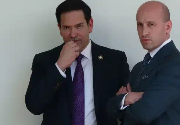 Two anti-Venezuela extremists of the Trump inner circle: Marco Rubio (left) and Stephen Miller (right). Photo: The Guardian.