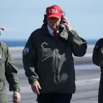 US President Donald Trump (center) aboard the US naval ship USS George HW Bush, Norfolk, Virginia, October 5, 2025. Photo: Alex Wong/Reuters.