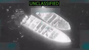 Screenshot from a video showing a US extrajudicial killing on small boats in the Pacific Ocean off the coast of Mexico. Photo: US secretary of war.