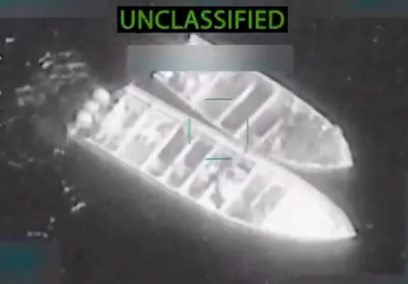 Screenshot from a video showing a US extrajudicial killing on small boats in the Pacific Ocean off the coast of Mexico. Photo: US secretary of war.