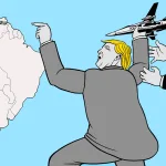 US President Donald Trump, prevented by two hands from holding a fighter jet over Venezuela. Photo: Rainer Hachfeld/Cagle Cartoons.