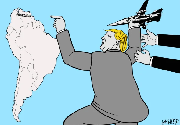 US President Donald Trump, prevented by two hands from holding a fighter jet over Venezuela. Photo: Rainer Hachfeld/Cagle Cartoons.