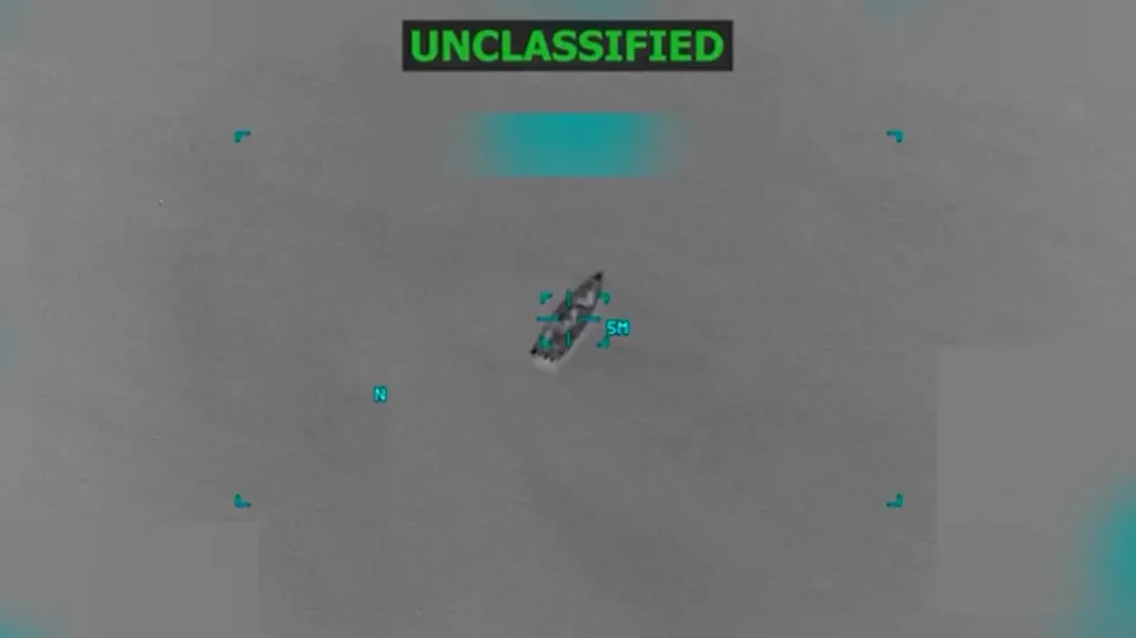 Screenshot from a video of US naval strike on a vessel in the Caribbean, October 17, 2025. Photo: Reuters.