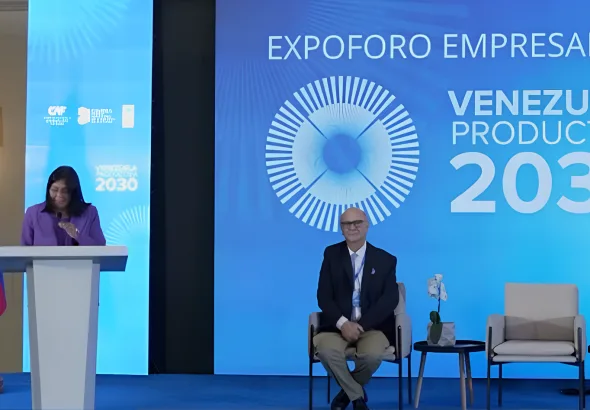 Venezuelan Vice President Delcy Rodríguez delivers her address at the Productive Venezuela 2030 Business Expo in Caracas, October 22, 2025. Photo: VTV.