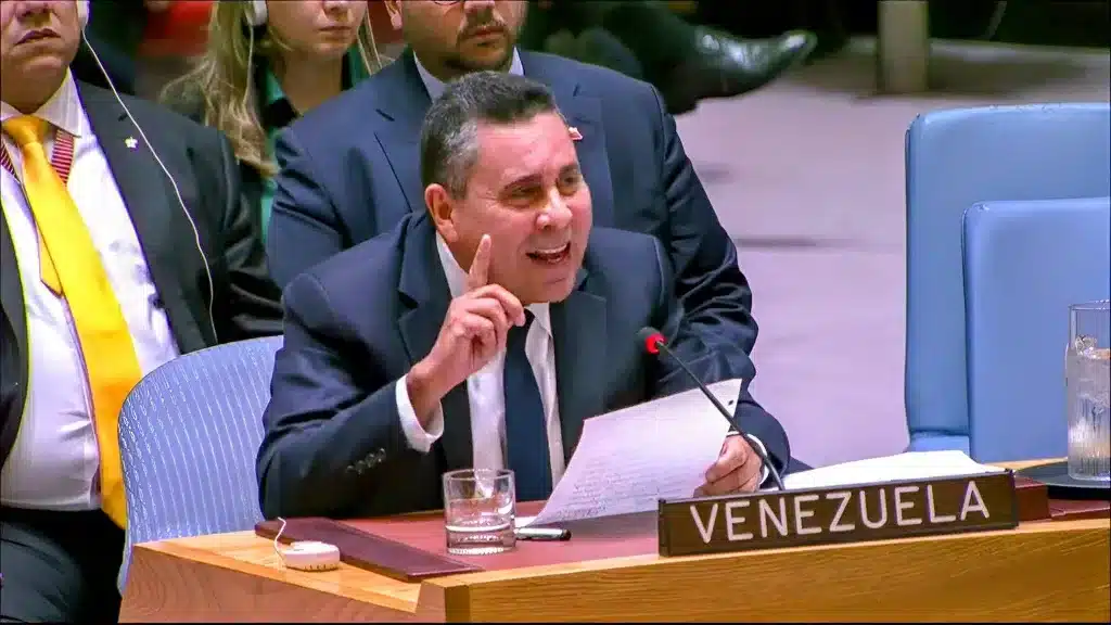 Venezuela's UN Ambassador Samuel Moncada condemning US military threats at the UN Security Council on October 10, 2025. Photo: Upscale image from UN footage.