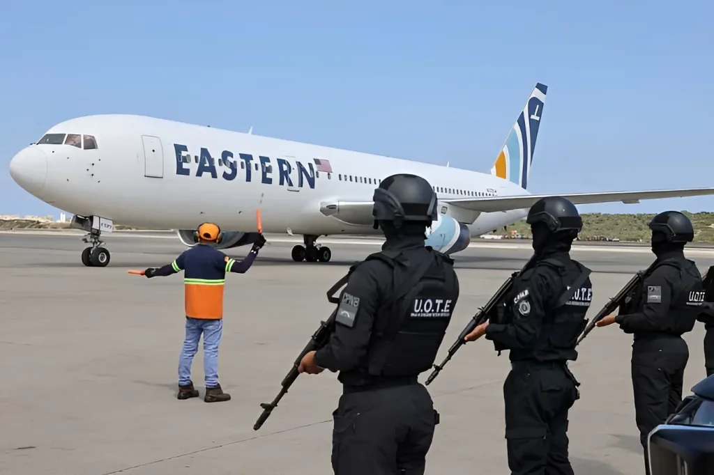 A flight carrying Venezuelan migrants deported from the US arrives at the SimĂłn BolĂvar International Airport near Caracas on Friday, October 17, 2025. Photo: IG/@minjusticia_ve.