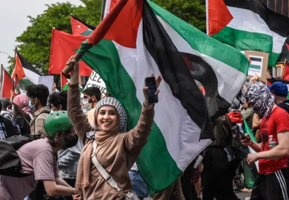 People participate in a pro-Palestinian rally calling for an end to the Israeli occupation in the Queens borough of New York City, US. Photo: Stephanie Keith/Getty Images/AFP.