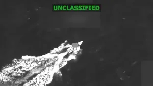 A small boat struck by the US military in the Caribbean, leaving three victims dead on November 6, 2025. Photo: X/@SecWar.